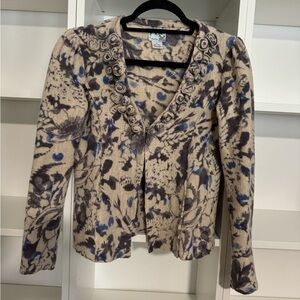 Anthropologie | Tabitha 100% Wool Puff Sleeve Cardigan Floral Micro Knit